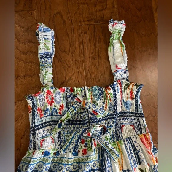 FARM Rio Tropical Tiles Smocked Maxi Dress Boho Floral Size M - Picture 7 of 12